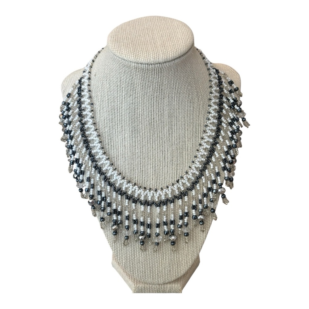 Beaded Fringe Southwestern Boho Tribal Festival Art Deco Statement Necklace